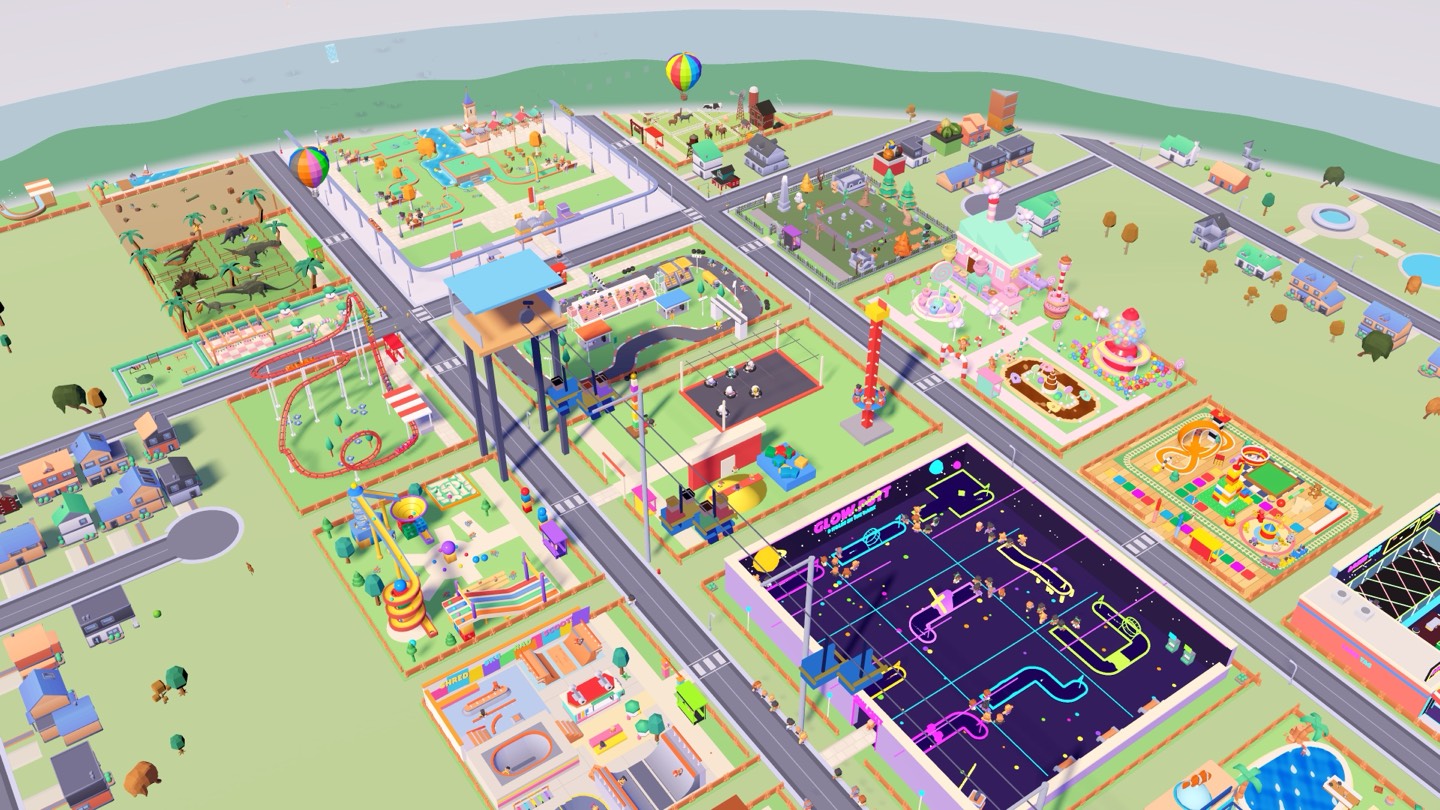 A grown Funville park from above: blocks of rides along the streets, a roller coaster, a dinosaur jungle, a Glow Putt hall under blacklight and the town's houses all around