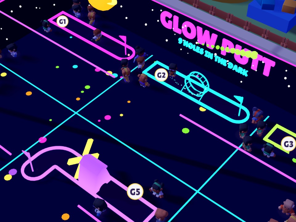Glow Putt: neon holes on a dark floor, a glowing loop-the-loop and a windmill, with golfers between them