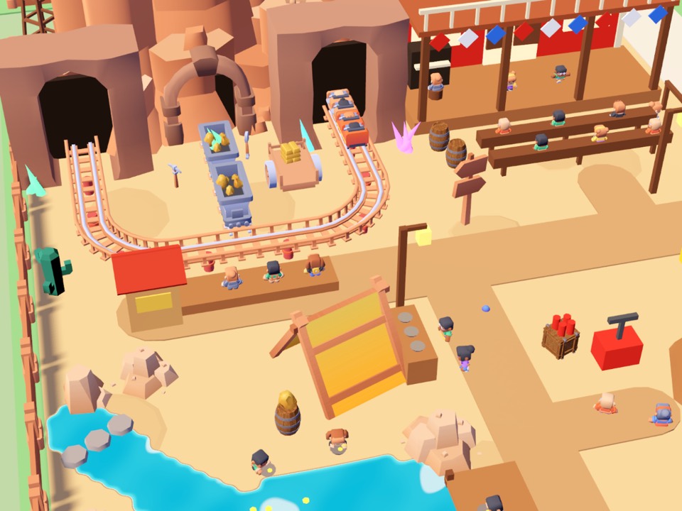 Gold Rush Gulch: a mine train on wooden tracks, a saloon and a blue panning creek