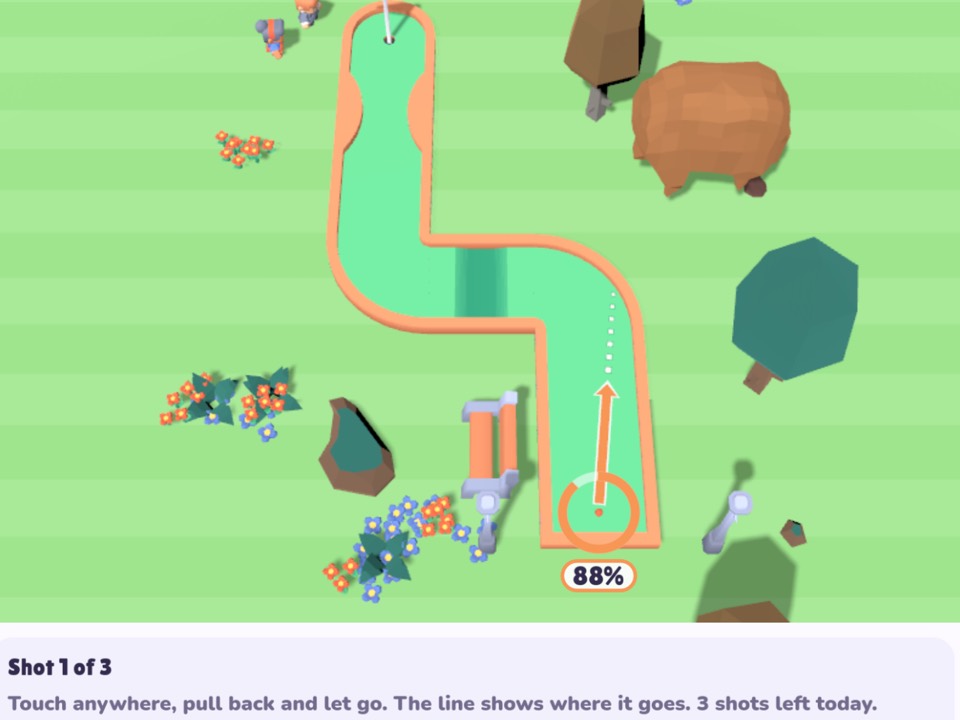 Putt of the Day: a single green hole seen from above, with an arrow showing the aim and a power reading