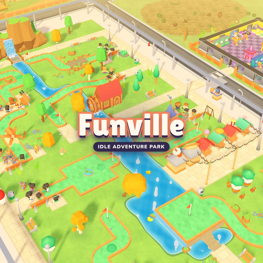 Funville's start screen: the mini golf course with its creek, waterwheel and windmill, and the Funville logo