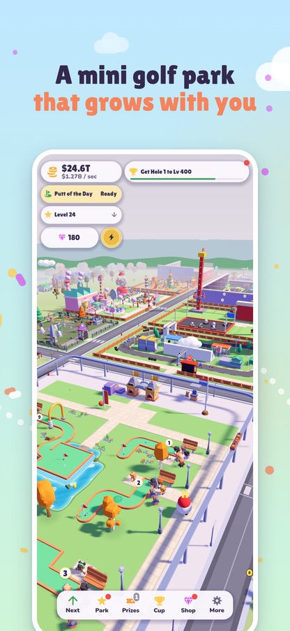 A mini golf park that grows with you: the course in front, the town and the blocks beyond