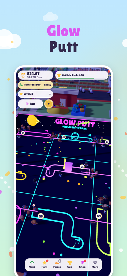 Glow Putt: a blacklight hall with neon rails and glowing holes